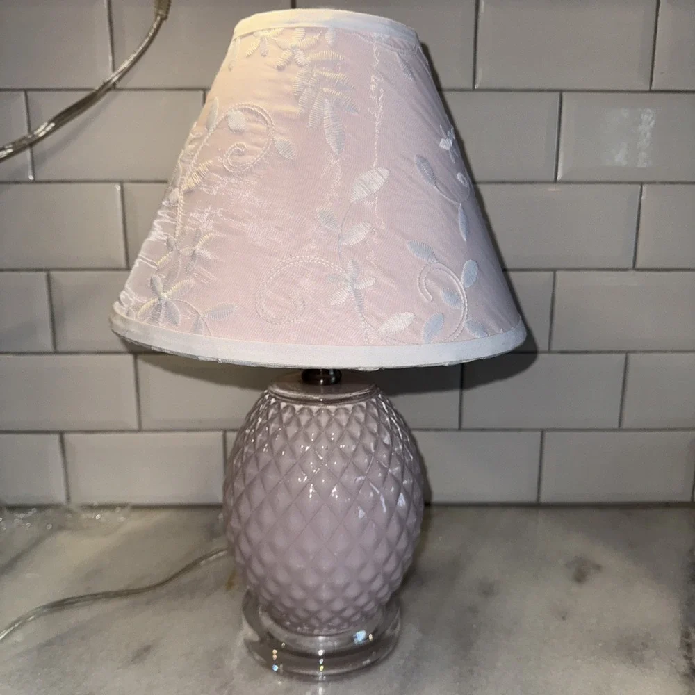 Pink Milk Glass Like Lamp With Clear Lucite Base Pink Embroidered Lamp Shade0041